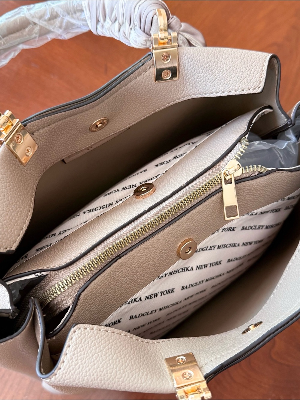 Badgley Mischka Taupe Satchel with Scarf Detail - Picture 6 of 10